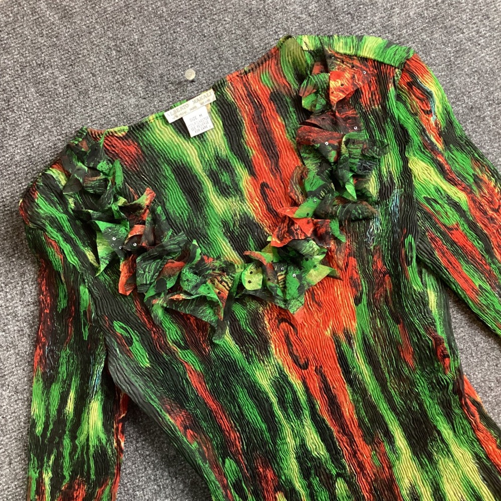 Y2K Artsy Alberto Makali crinkle Pleated Ruffle V-Neck Top Green Red Size M 251